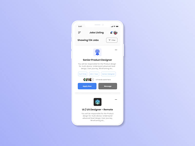 Job Listing application ui apply bookmark concept app dailyui dailyui 50 experience friends list job application job board job hunt job hunting job listing marketing message mobile ui motion salary share tags