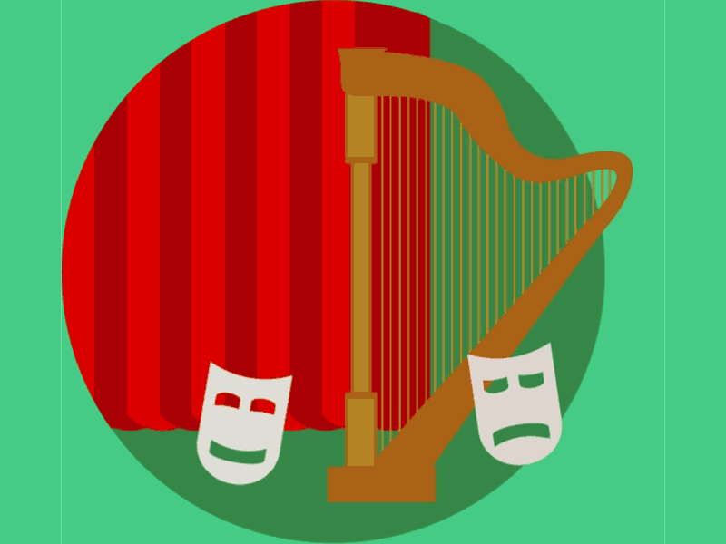 Theatre comedy curtain faces harp masks music plays stage theater tragedy valence