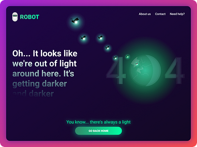 Daily Ui :: 008 - 404 page 404 404page app clean clean ui concept daily 100 challenge dailyui design error errorpage fireflies firefly gradient illustration interface notfound robot ui ux