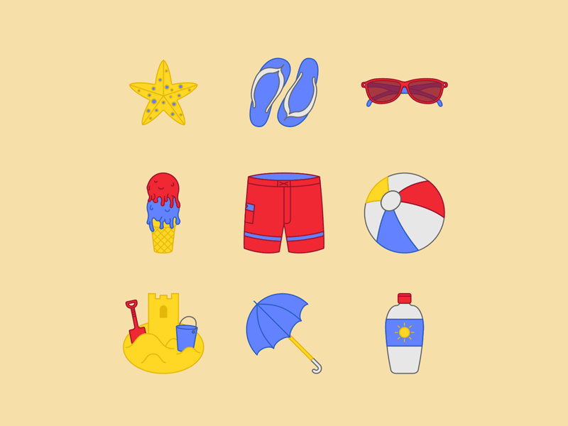 Beach Icons beach ball board shorts flip flops ice cream icon set icons sand castle starfish sunblock sunglasses umbrella