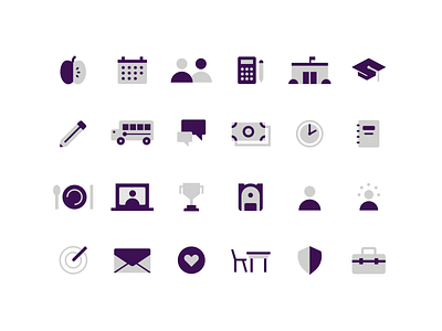 Purple school icons apple calculator calendar children clock dollar education graduation group icon system icons kids money pencil people playful school school bus speech bubbles vector