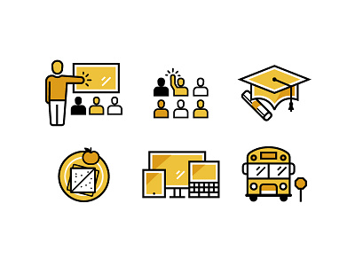 School Icons - Student Life academics bus computer device graduation cap icon lunch multicultural school students teacher