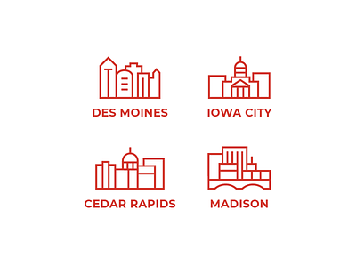 Midwestern Cities Icons cedar rapids city des moines icon iowa city madison midwest monoline red skyline