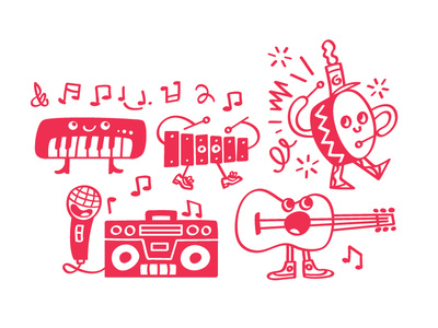 Music characters art band doodle drum guitar illustration iowa music musical instruments percussion piano radio vector xylophone