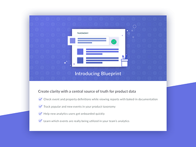 Blueprint Launched checklist data feature flat illustration launch modal onboarding product purple