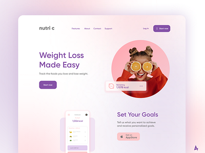 Nutri C - Weight loss | Hero Screen calories food goals health landing page minimal tracking uidesign web weight weightloss