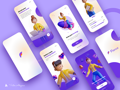 Flance Onboarding screens 3d illustration agency app colorful freelance interaction minimal onboarding onboarding screen onboarding ui prototype ui uidesign uiux walkthrough