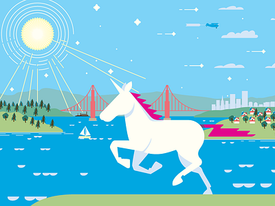 SF unicorn bay biplane bridge city landscape sailboat san francisco skyline sun unicorn water