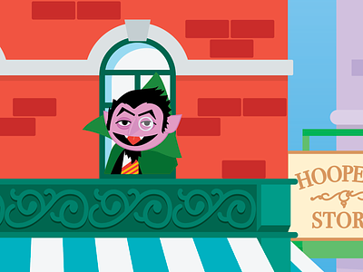Count von Count, just hangin out awning brick count hoopers muppet sesame street store storefront