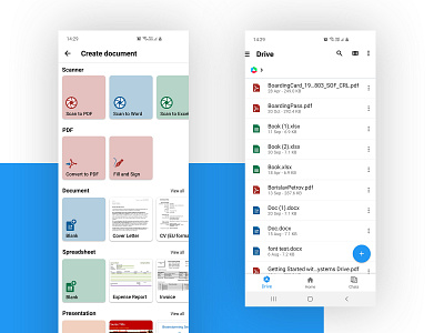 Office Sute Create New Document and Drive Features android app design ux