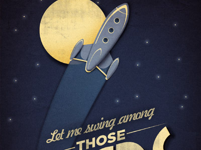 Among The Stars blue poster retro spaceship stars texture vintage