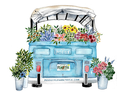 Posie's Flower Truck branding hand drawn illustration watercolor