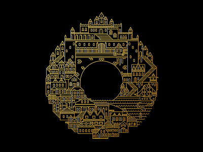 O Kingdom carriage castle city glyphset icon kingdom line work monoweight o octopus ship village