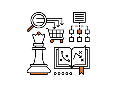 Strategy Illustrations book chart chess icon illustration line magnifying glass monoweight queen shopping cart stroke vector