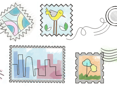 A world of paper brushes colorful hand drawn icons mail paper stamps
