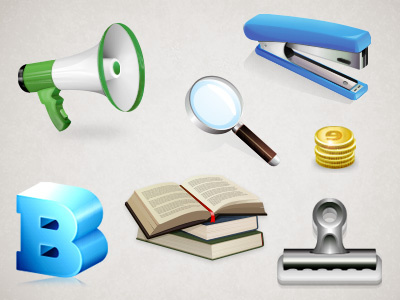 A World Of Paper icon set 2 books coins icons letter loudspeaker magnifying glass paper clip stapler