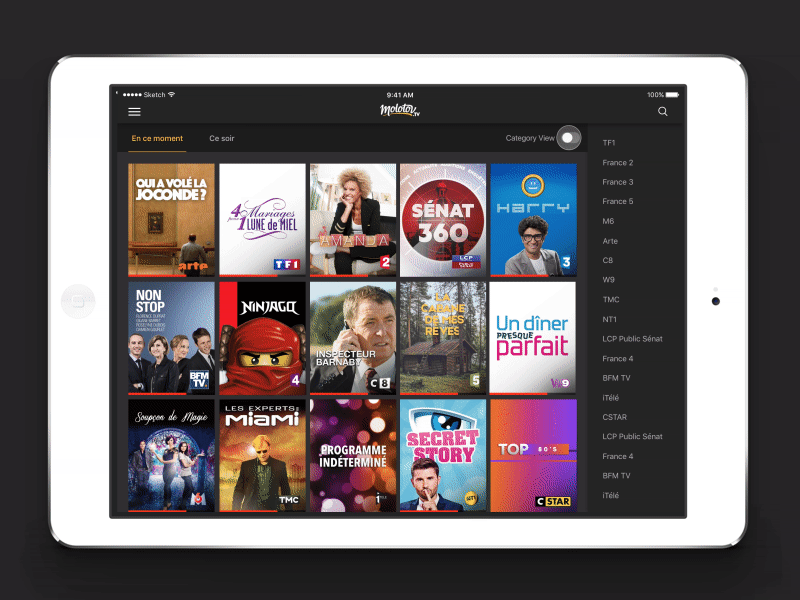 Molotov TV - iPad - Category View Toggle app category design feature interaction ipad molotov toggle tv