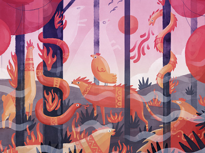 Red Forest 2d animal burning character design digital art digital brush fire forest illustration