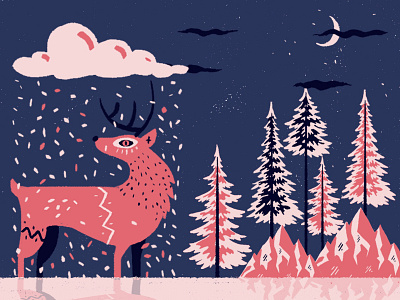 Happy New Year clouds deer digital art illustration mountain new year night