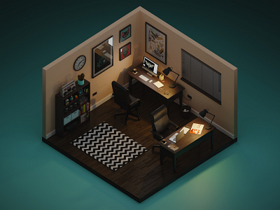 Diorama 01. - Studio - Night 3d 3d artist 3d diorama 3dmodelling b3d blender blender3dart bookcase creative desk diorama environment furniture graphic design modelling office office space render room studio