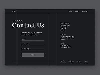 Daily UI #028 | Contact Us branding clean contact contact form contact page contact us daily 100 challenge dailyui dailyui028 dark theme dark ui grid layout minimalism minimalistic modern ui typography ui ux ui design user interface whitespace