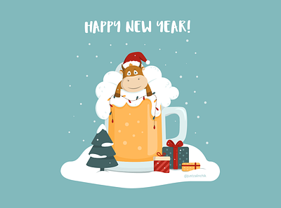 Bull in Beer - New Year Postcard 2021 trend beer bull christmas illustration cute bull czech republic illustration illustraion illustration art new year 2021 new year postcard postcard design prague illustration vector year of the ox