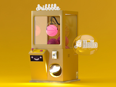 Hello Dribbble! 3d c4d claw machine debut first shot isometric render smiley vending machine yellow