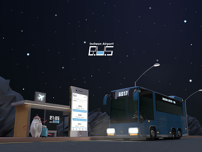 Incheon Airport Bus 3d airport shuttle blue bus stop c4d illustration incheon night render seoul ticket transport vehicle white bear