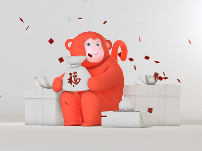 A red monkey 3d c4d character clay fortune pocket illustration monkey new year red