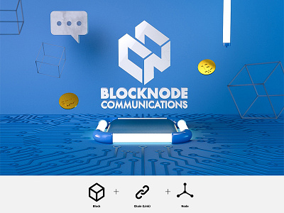 Logo Design-Blocknode Communication abstract bitcoin block blockchain blue cinema 4d communications crypto currency hexagon logo node