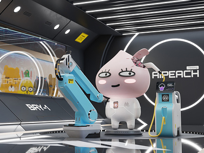 AiPeach 3d apeach character charger cyberpunk kakao friends maintenance render robotic arm sci-fi