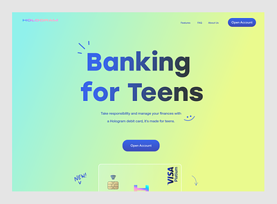 Hologram - Banking for teens app app design bank account banking card credit card crypto dashboard finance financial services fintech identity ios landing landing page teenagers teens web web page website