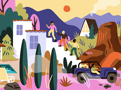 Women Who Travel airbnb backpacking colorful design illustration mountains procreate travel vacation wanderlust