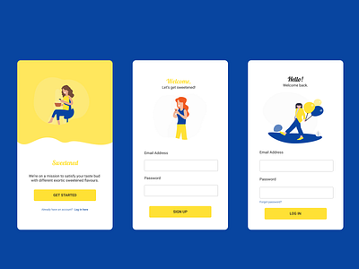 Splash screen, sign up and login page of sweetened app login signup splashpage typography ui
