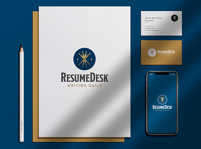ResumeDesk Logo brand design fountain pen gold icon identity logo logo design navy blue pen resume stationary writing