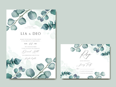 Romantic wedding invitation with eucalyptus leaves frame