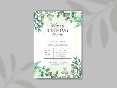 Happy birthday invitation with leaves frame background beauty birthday card celebrate congratulation dance eucalyptus floral flower frame gift happy birthday illustration invitation invite leaf leaves party watercolor