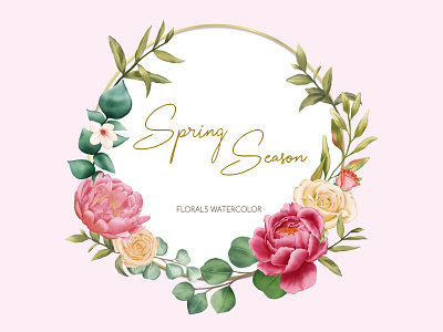 Spring season with florals watercolor ornament background beauty bloom blossom card celebrate floral flower frame gold invitation leaf love peoni rose season spring watercolor wedding wreath