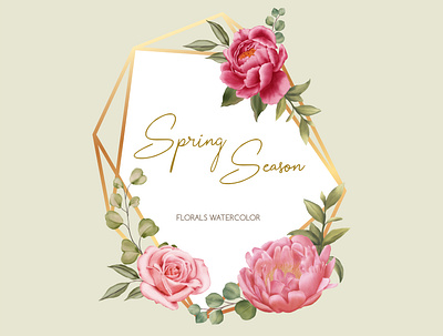 Golden frame spring season of wedding invitation template background beauty bouquet bridal card floral flower frame illustration invitation leaf love mariage peonies rose spring template watercolor wedding wreath