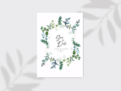 Save the date and wedding invitation with eucalyptus leaves