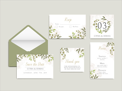 Beautiful wedding invitation template with leaves set bundle background beauty bridal bundle card celebrate floral flower frame invitation leaf love mariage rsvp savethedate set template watercolor wedding wreath