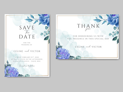 Wedding invitation with blue floral ornament and gold frame