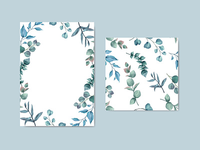 Watercolor leaves card and seamless bundle