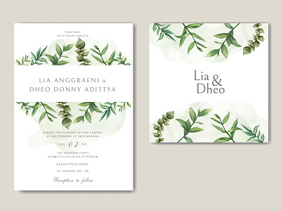 Greenery wedding invitation card with leaves bundle