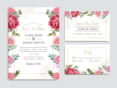 Wedding invitation with floral ornament and gold frame