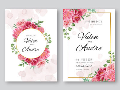 Wedding invitation with pink peony flower ornament & gold frame