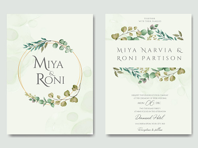 Wedding invitation with floral ornament and gold frame