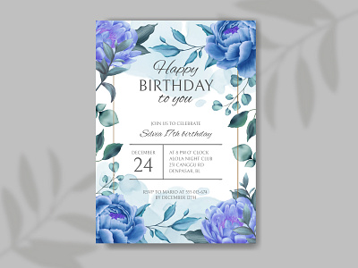 Happy birthday invitation with blue flower and leaf background anniversary background birthday bouquet card celebrate floral flower frame gift happybirthday illustration invitation leaf party peony rose template watercolor wreath