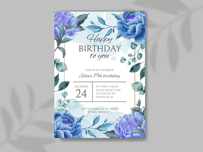 Happy birthday invitation with blue flower and leaf background