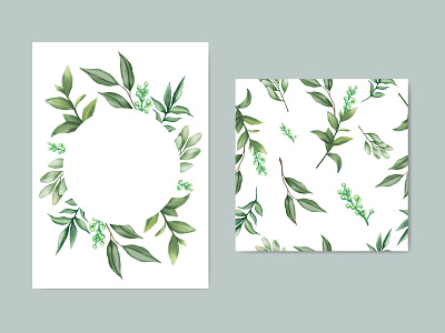 Greenery wedding invitation with leaves and seamless set bundle